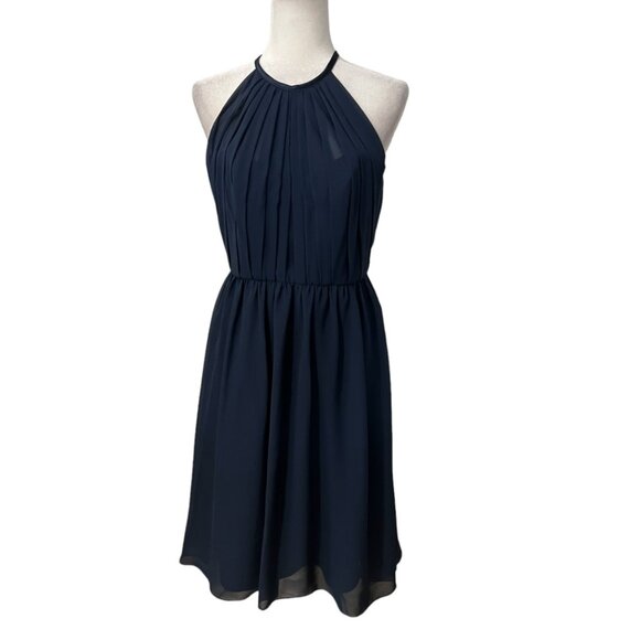 Sorella Vita Navy Chiffon Bridesmaid Dress Size 10 Pleated Halter Open Back Form - Picture 3 of 11